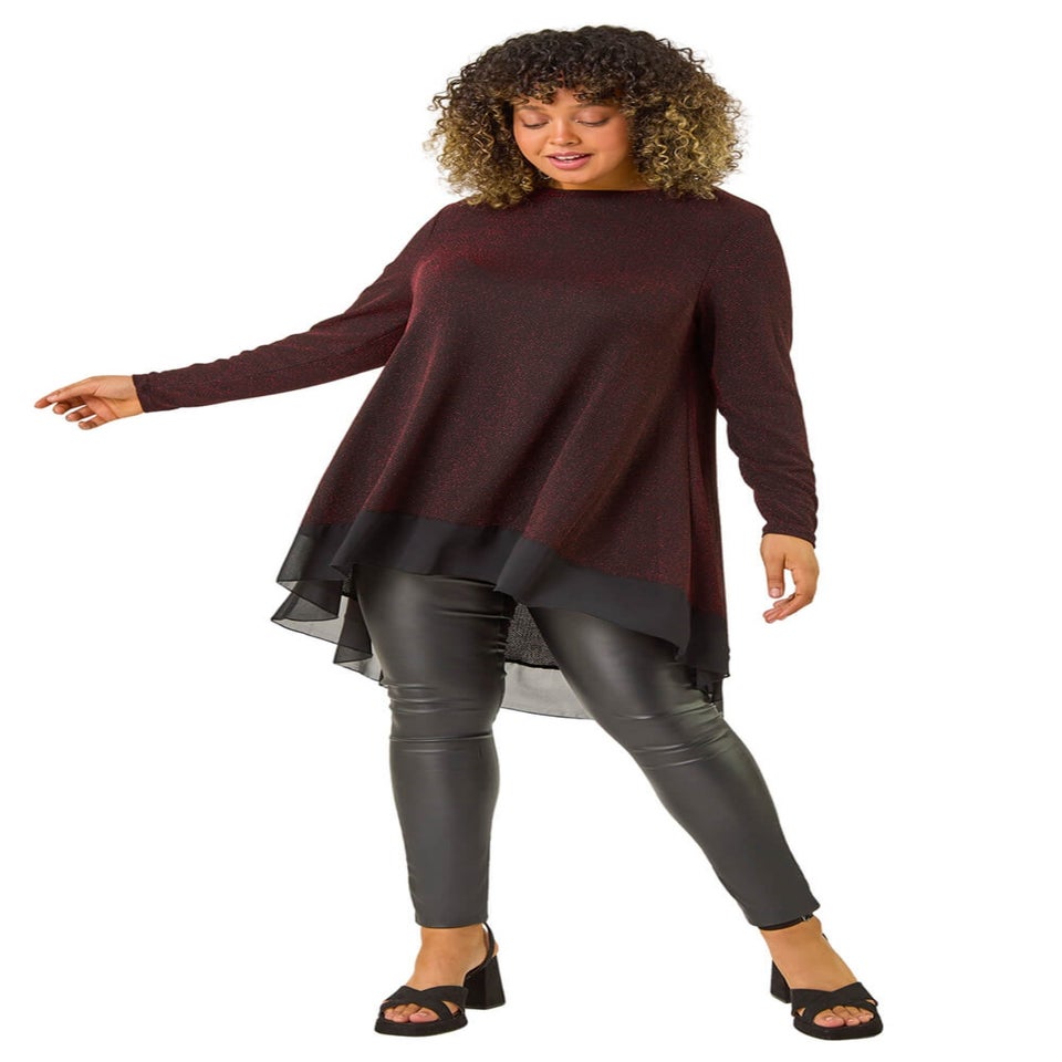 Roman Red Curve Glitter Chiffon Hem Tunic Top