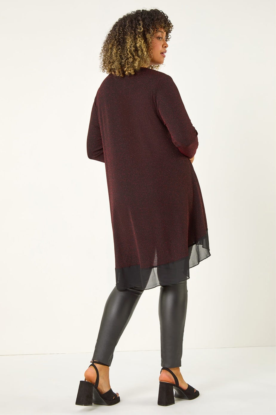 Roman Red Curve Glitter Chiffon Hem Tunic Top