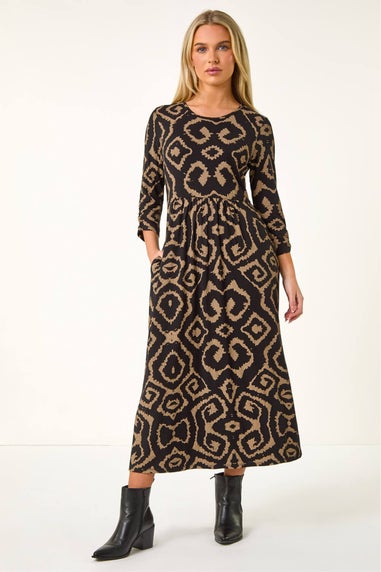 Roman Camel Petite Geo Print Gathered Midi Dress