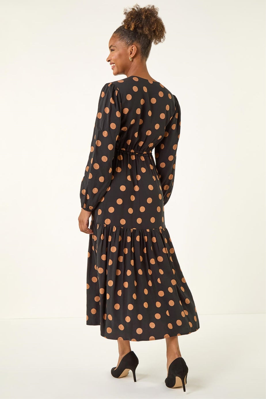 Roman Black Polka Dot Stretch Midi Dress