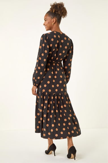 Roman Black Polka Dot Stretch Midi Dress