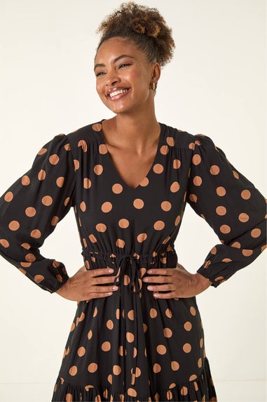 Roman Black Polka Dot Stretch Midi Dress