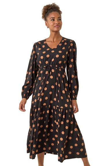 Roman Black Polka Dot Stretch Midi Dress