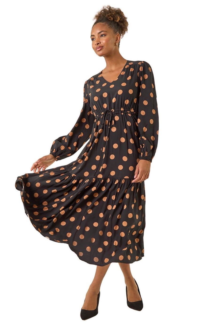 Roman Black Polka Dot Stretch Midi Dress