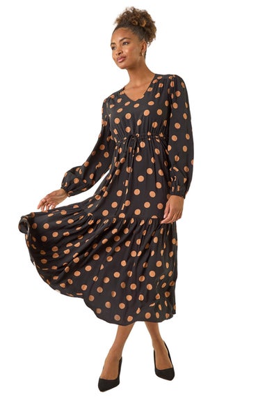 Roman Black Polka Dot Stretch Midi Dress