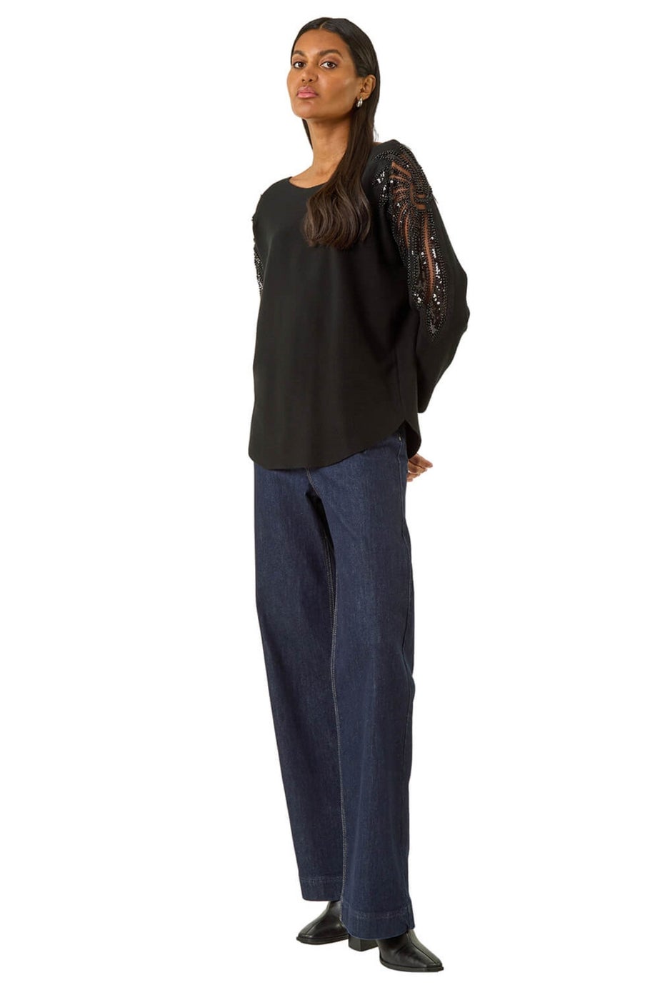 Roman Black Embellished Sleeve Knit Jumper