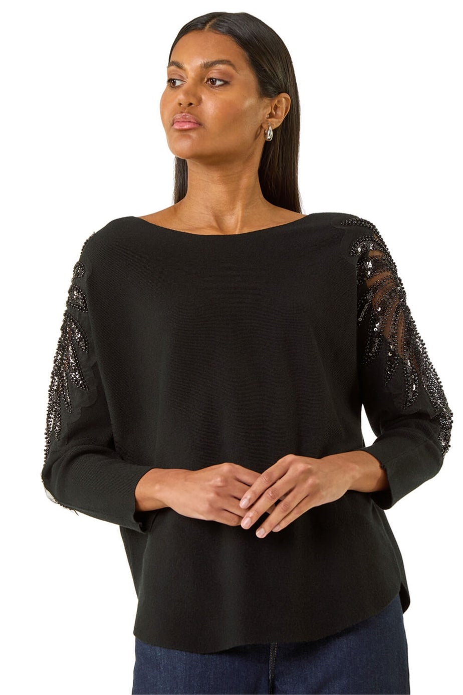 Roman Black Embellished Sleeve Knit Jumper
