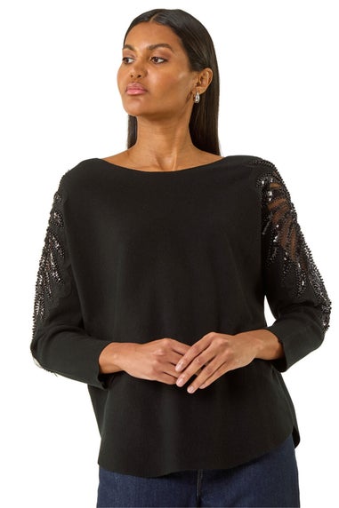 Roman Black Embellished Sleeve Knit Jumper