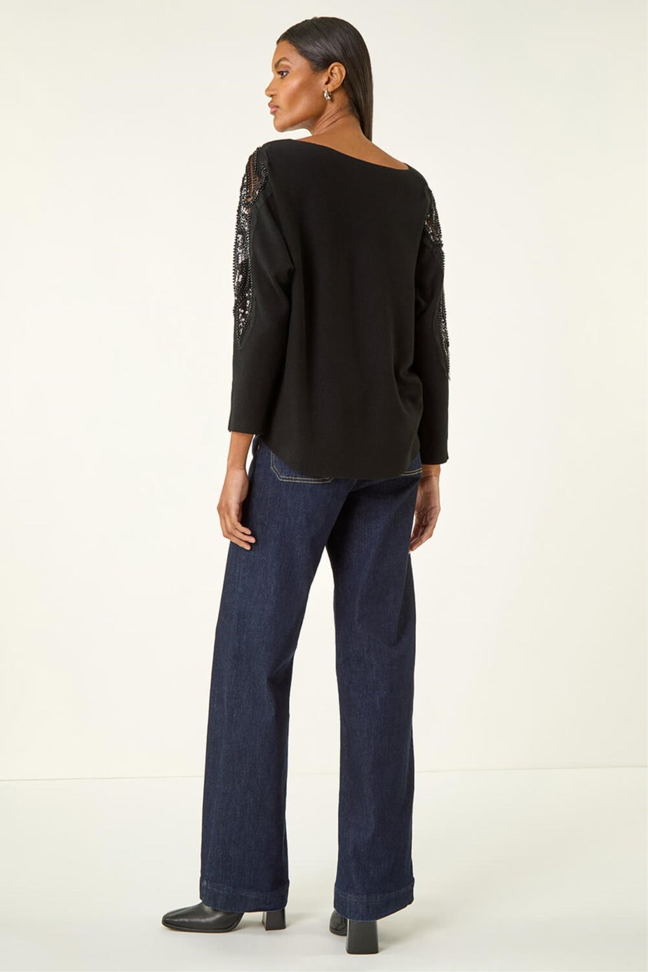 Roman Black Embellished Sleeve Knit Jumper