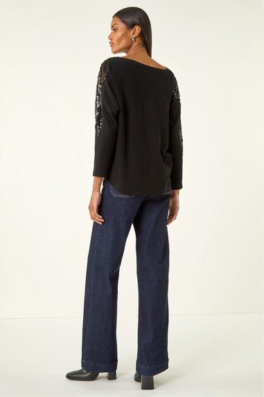 Roman Black Embellished Sleeve Knit Jumper