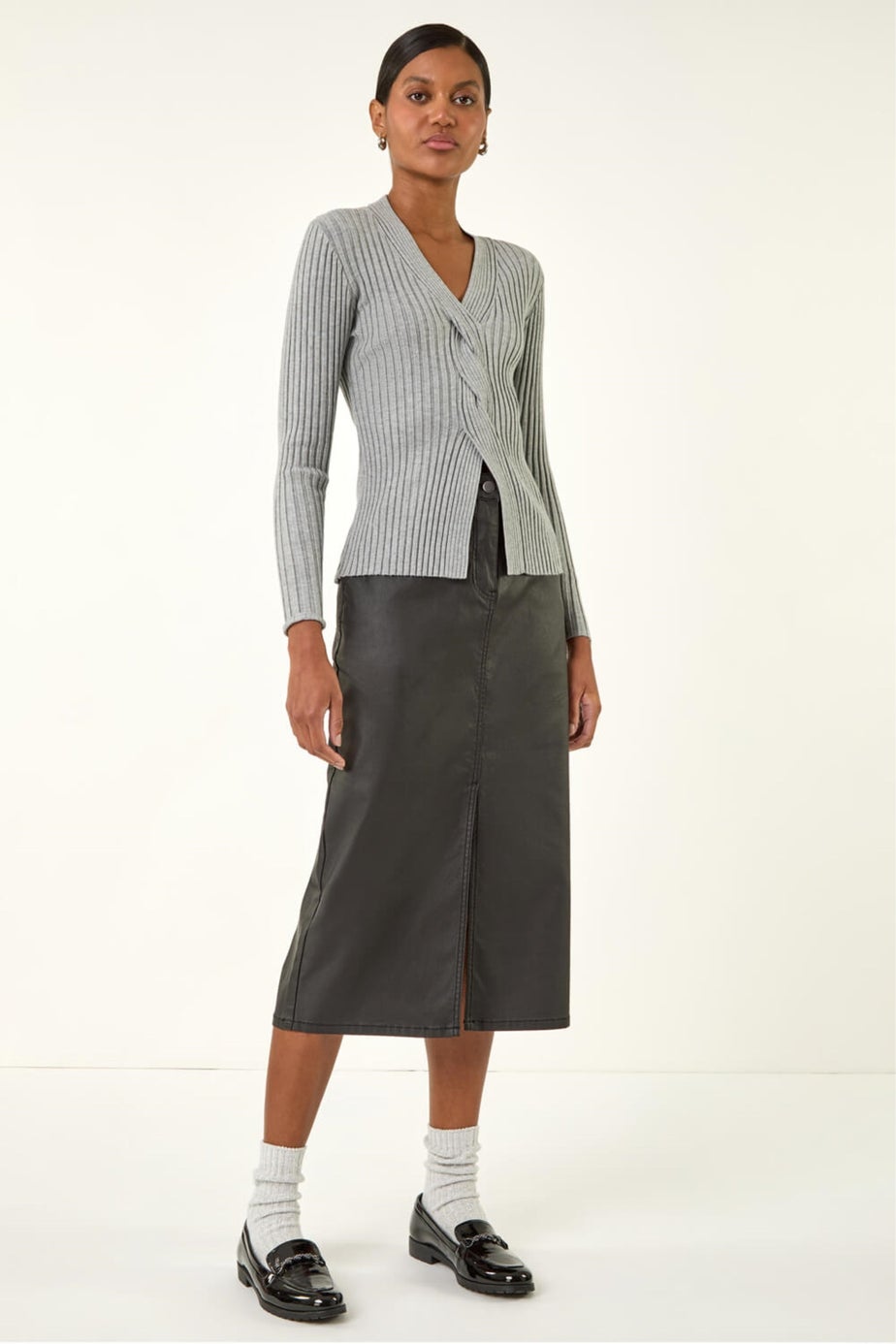 Roman Black Coated Midi Pencil Skirt