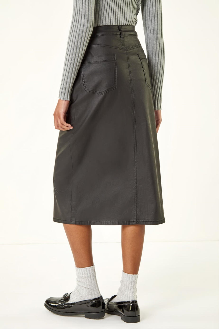 Roman Black Coated Midi Pencil Skirt