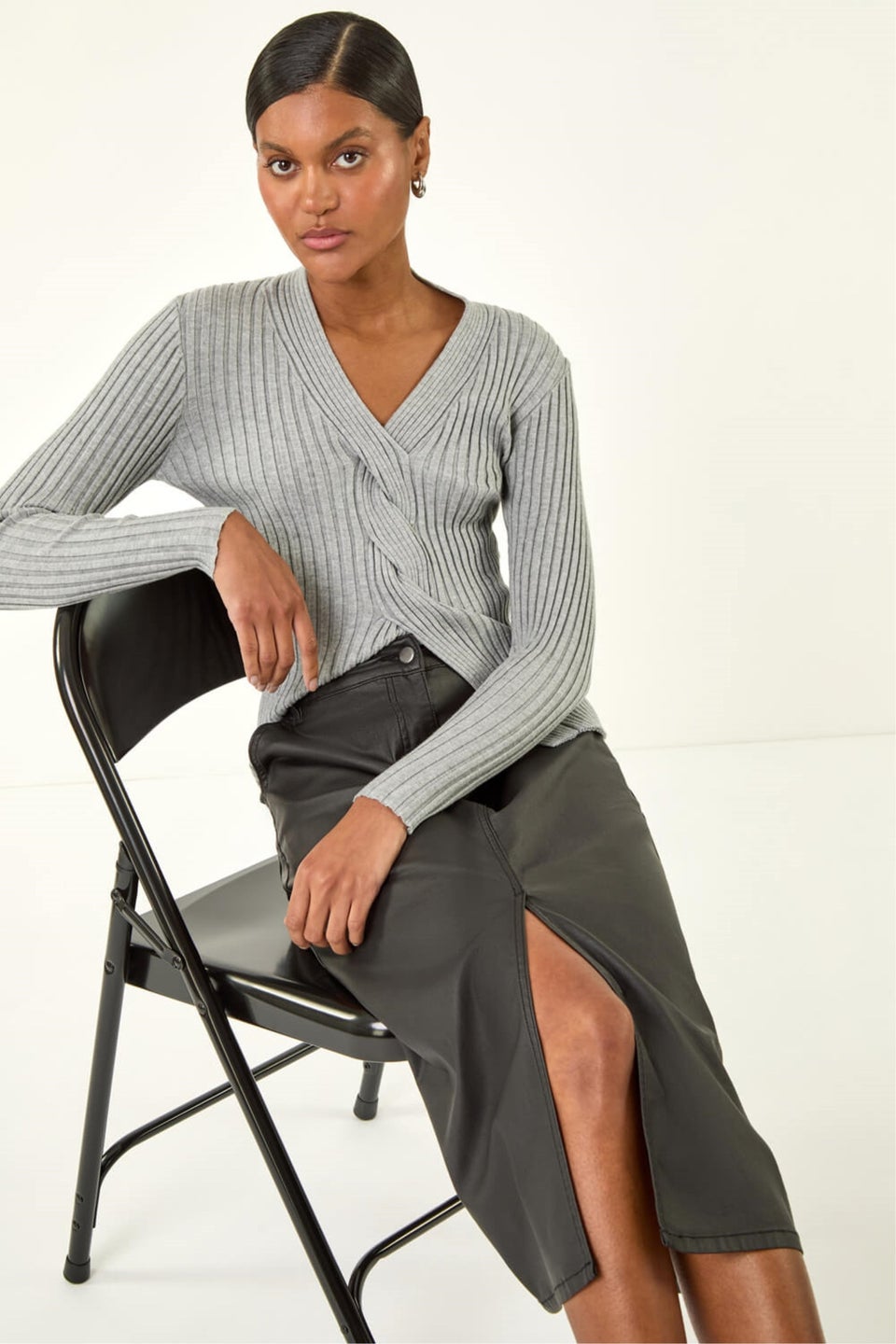 Roman Black Coated Midi Pencil Skirt