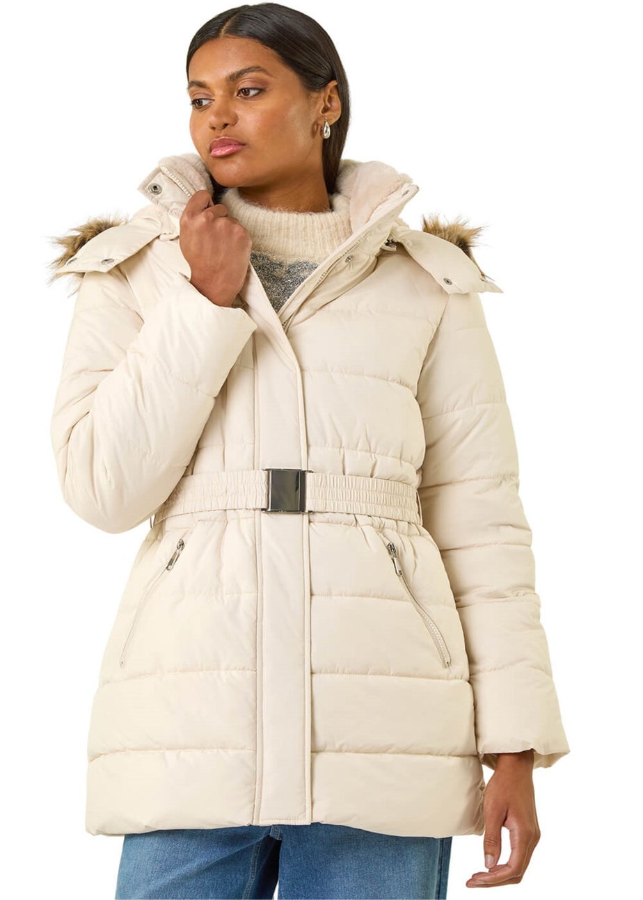 Roman Cream Faux Fur Padded Belt Coat