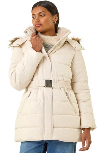 Roman Cream Faux Fur Padded Belt Coat