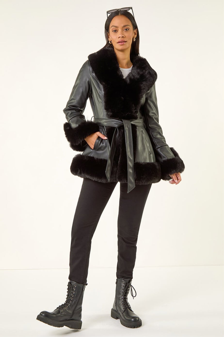Dusk Black Contrast Faux Fur Coat