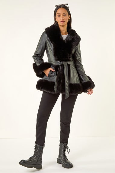 Dusk Black Contrast Faux Fur Coat