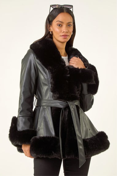 Dusk Black Contrast Faux Fur Coat