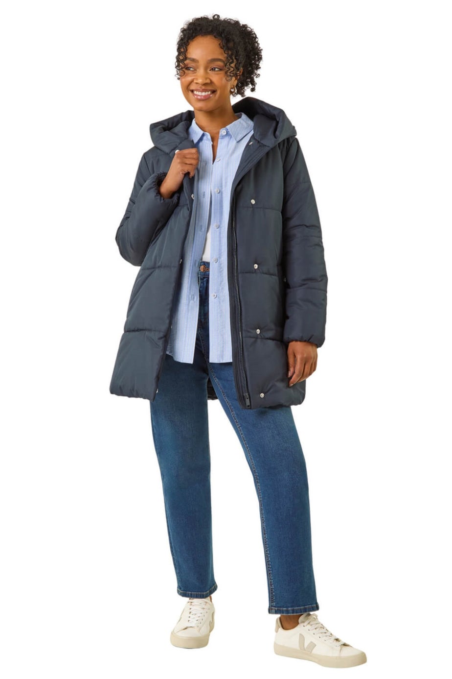 Roman Navy Petite Hooded Quilted Puffer Coat