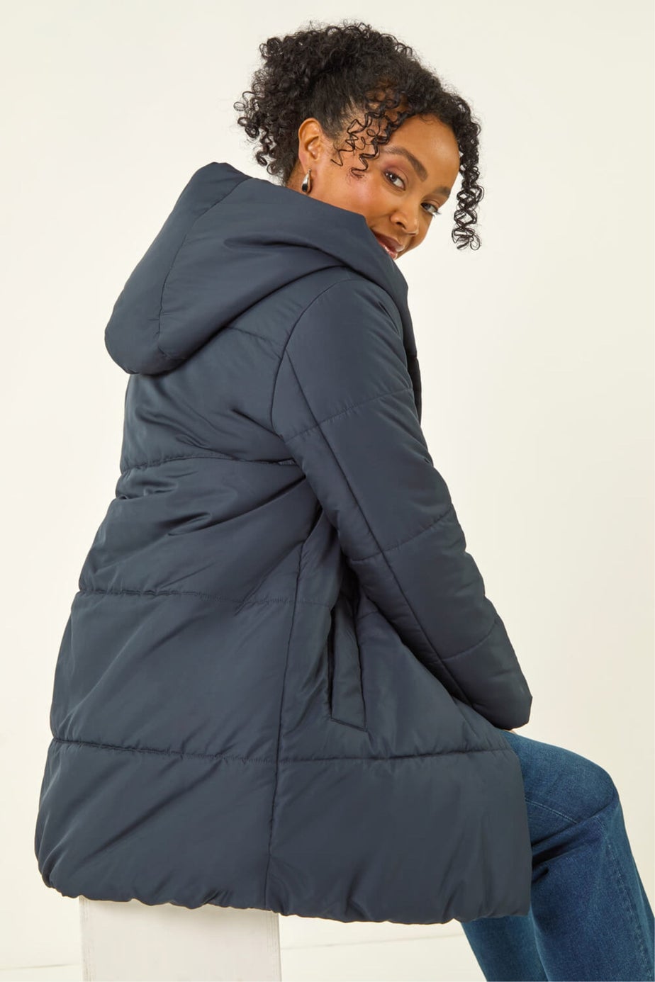 Roman Navy Petite Hooded Quilted Puffer Coat
