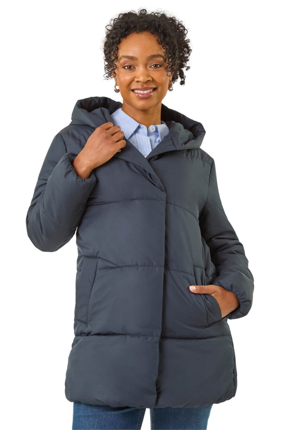 Roman Navy Petite Hooded Quilted Puffer Coat