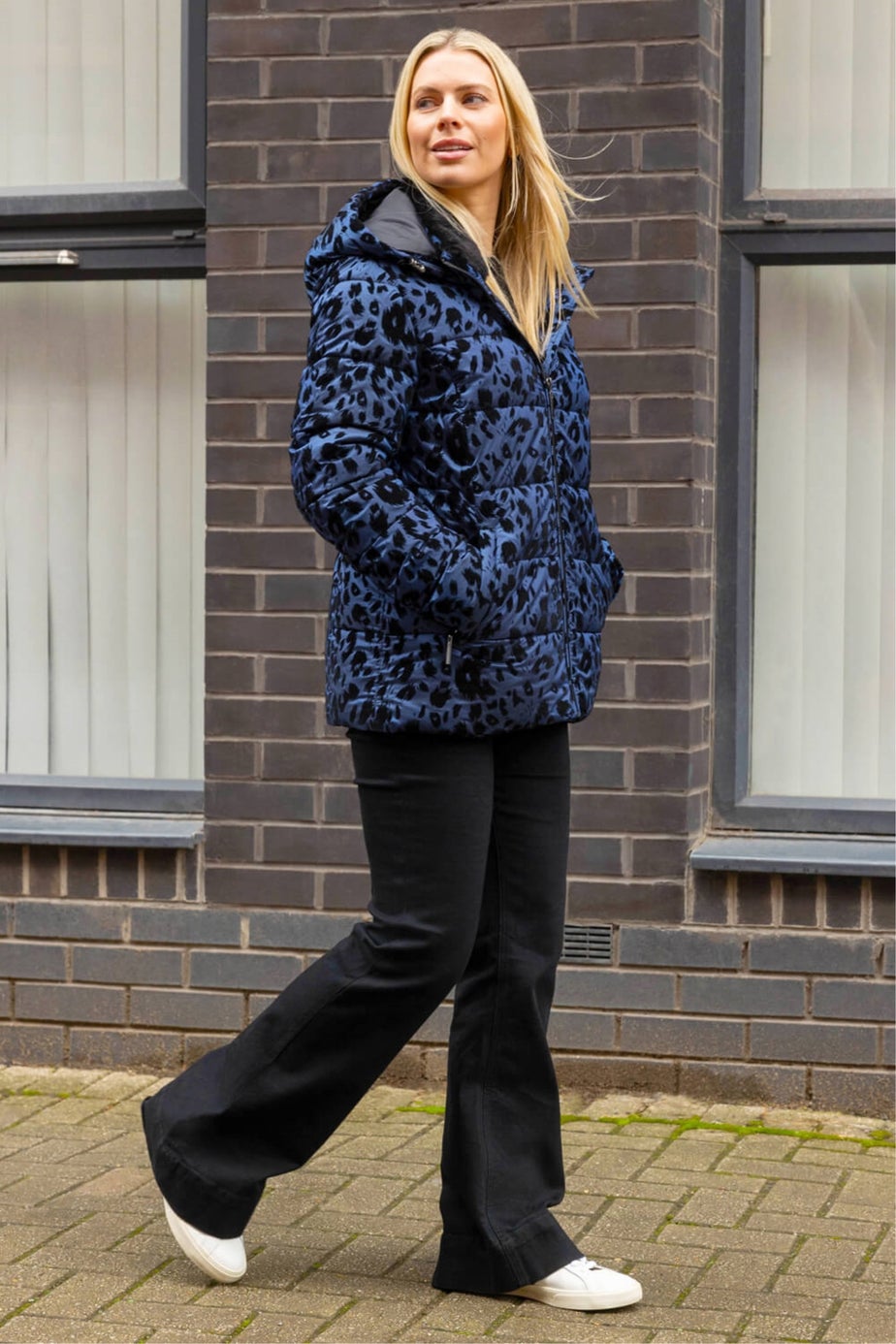 Roman Blue Animal Print Flocked Hooded Coat