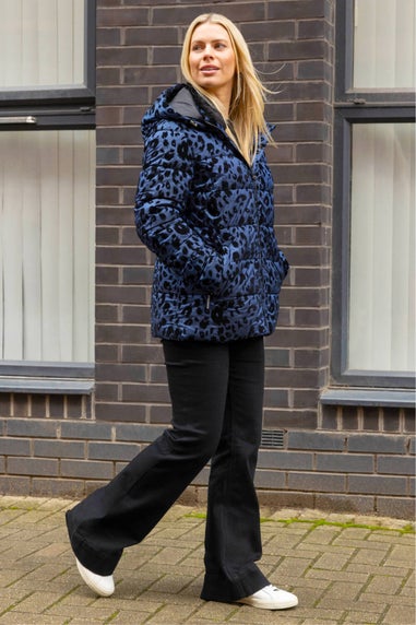 Roman Blue Animal Print Flocked Hooded Coat