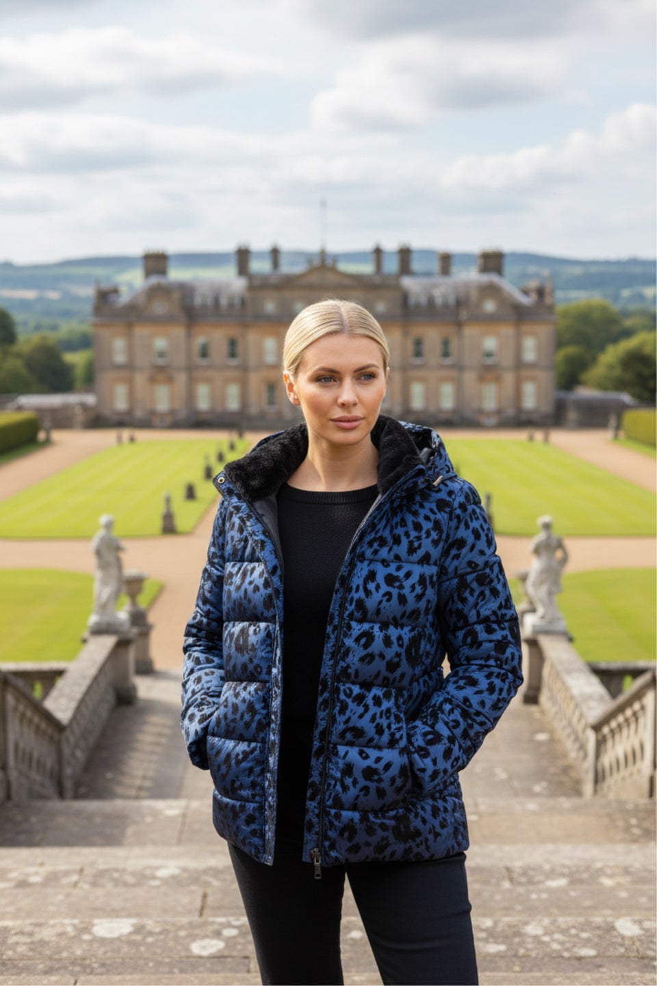 Roman Blue Animal Print Flocked Hooded Coat