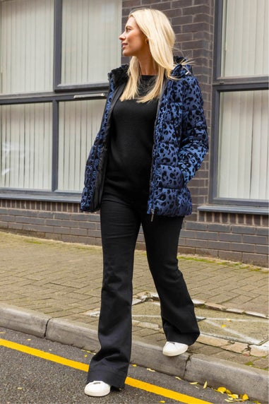 Roman Blue Animal Print Flocked Hooded Coat