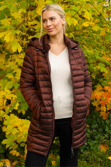Roman Chocolate Longline Quilted Hooded Puffer Coat