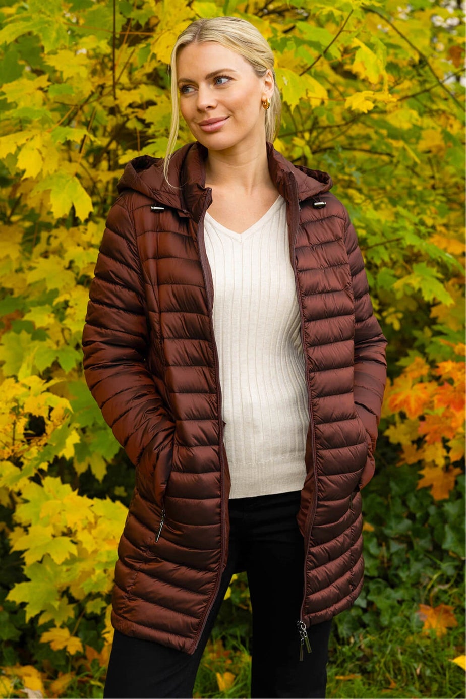 Roman Chocolate Longline Quilted Hooded Puffer Coat