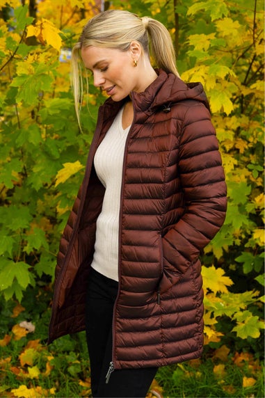 Roman Chocolate Longline Quilted Hooded Puffer Coat