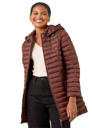 Roman Chocolate Longline Quilted Hooded Puffer Coat