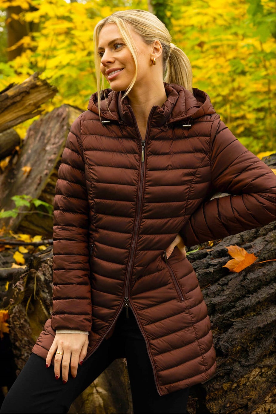 Roman Chocolate Longline Quilted Hooded Puffer Coat