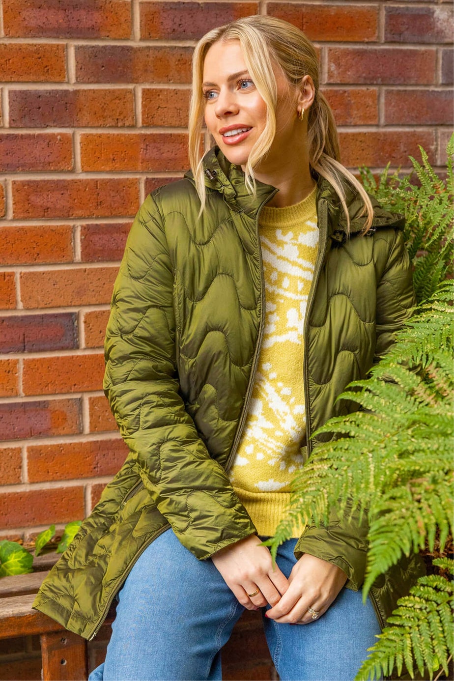 Roman Khaki Wave Quilted Puffer Hooded Coat