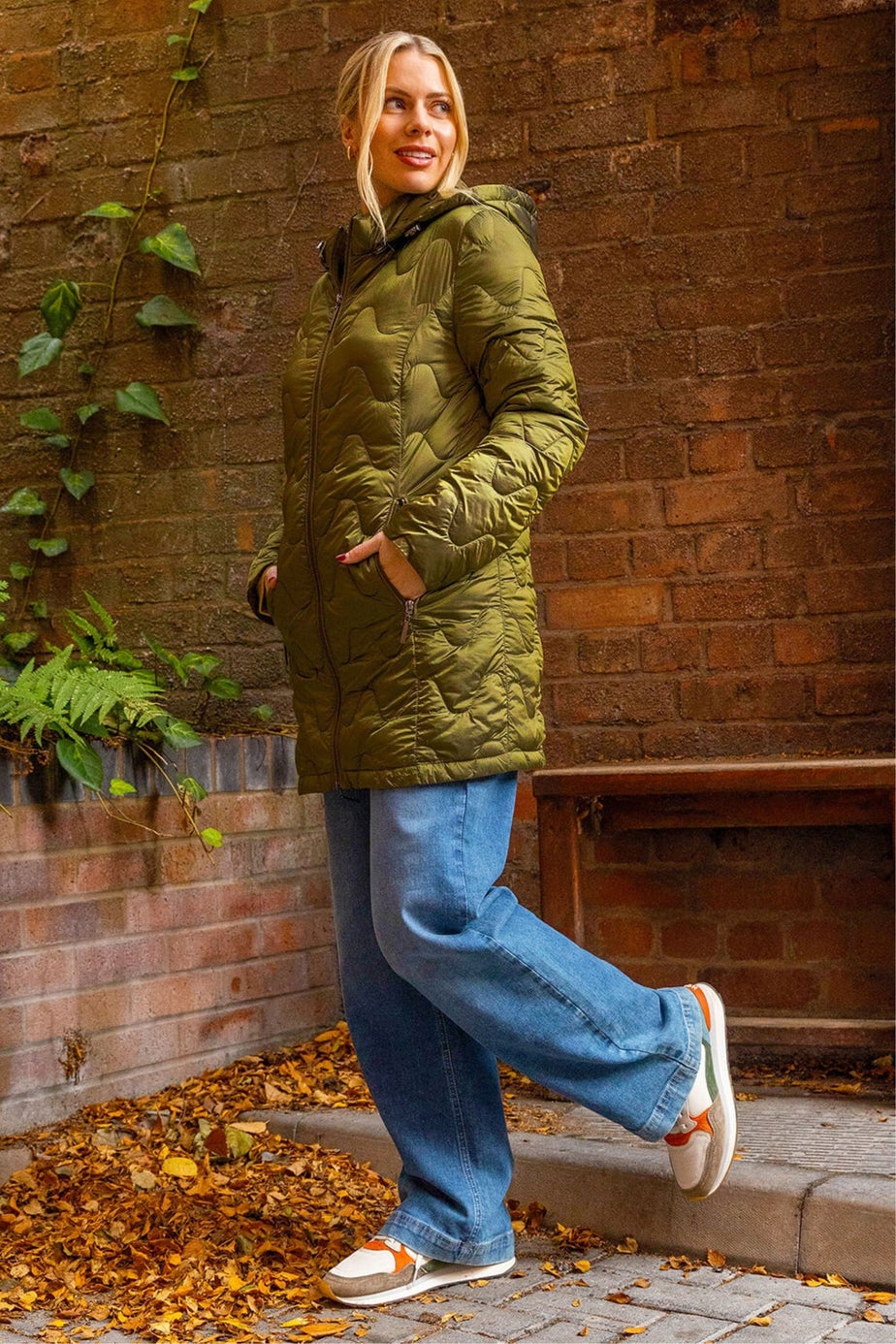 Roman Khaki Wave Quilted Puffer Hooded Coat