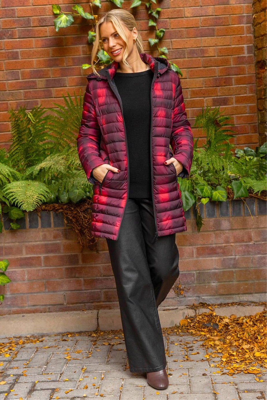 Roman Burgundy Check Print Quilted Puffer Coat