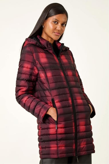 Roman Burgundy Check Print Quilted Puffer Coat