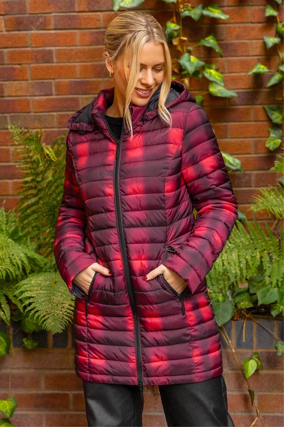 Roman Burgundy Check Print Quilted Puffer Coat