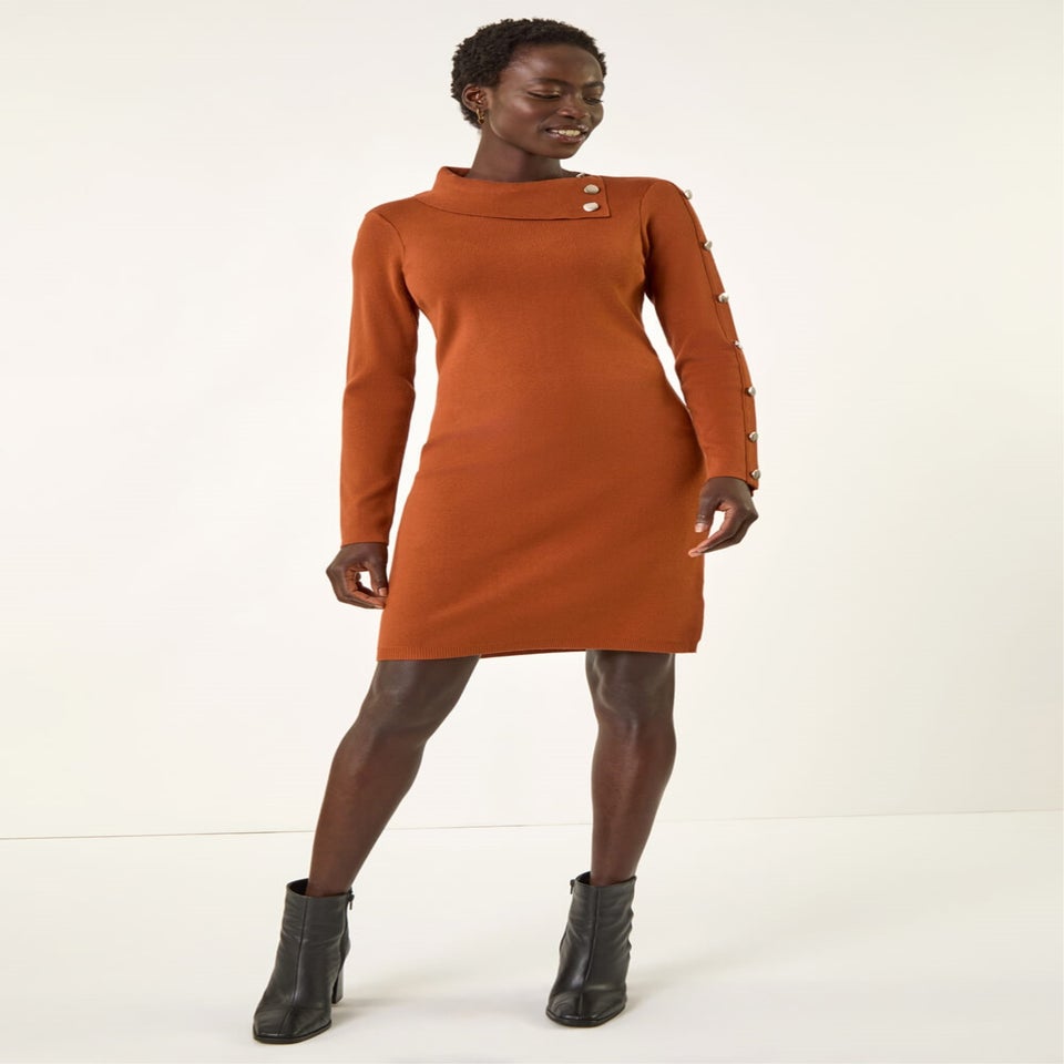 Roman Copper Button Detail Roll Neck Jumper Dress