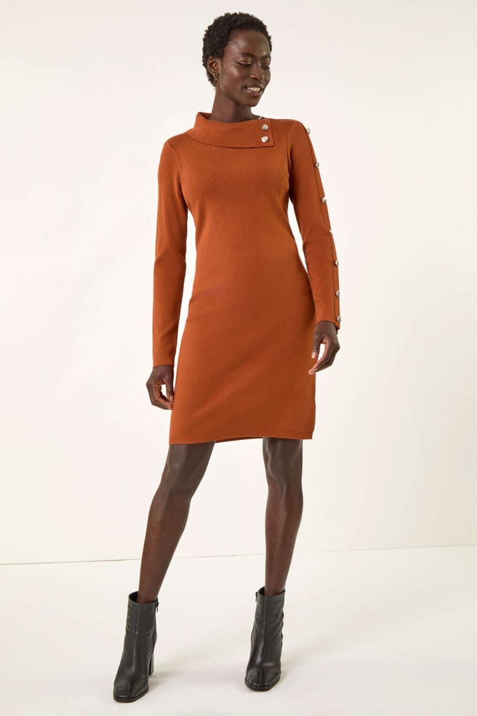 Roman Copper Button Detail Roll Neck Jumper Dress