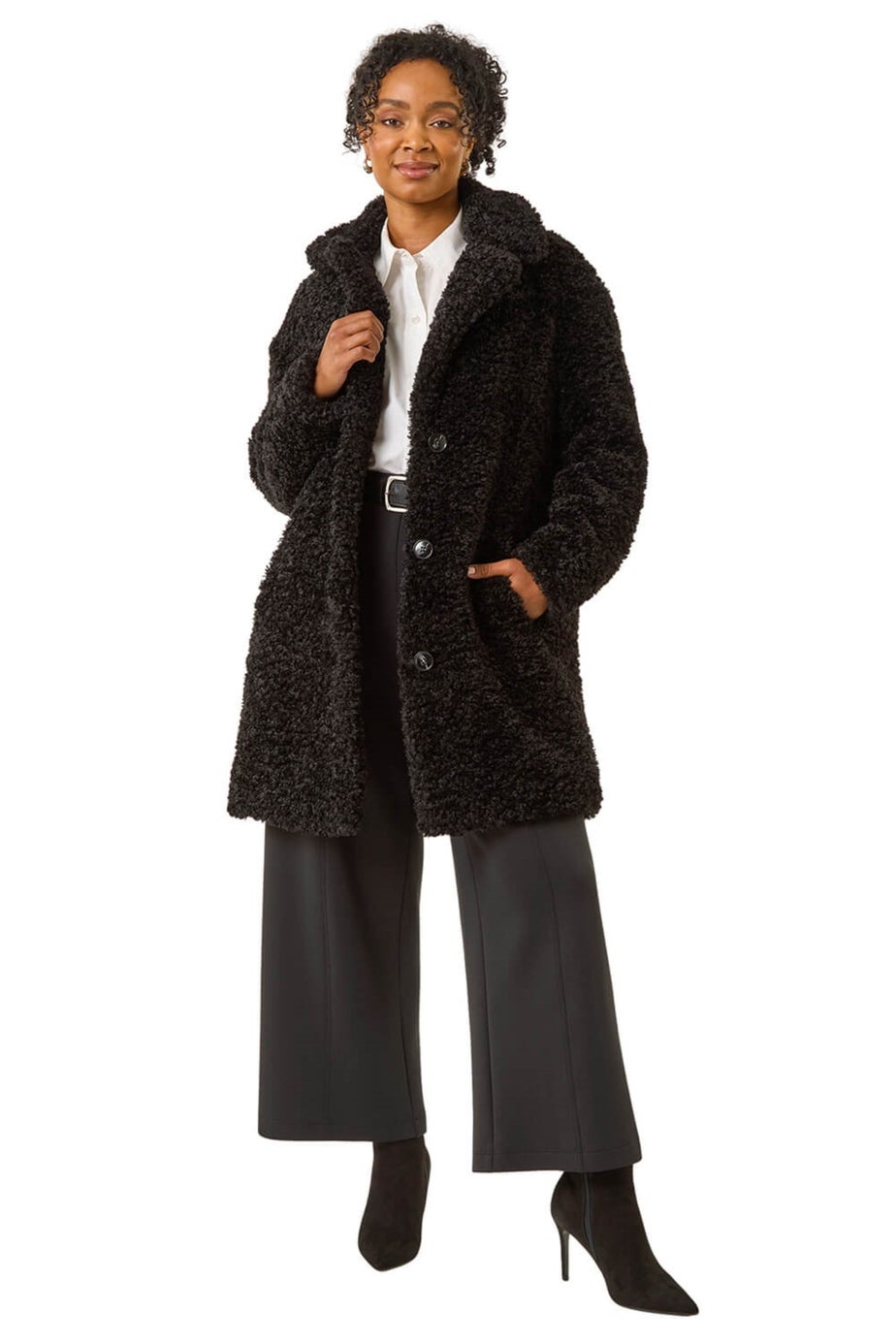 Roman Black Petite Teddy Longline Coat