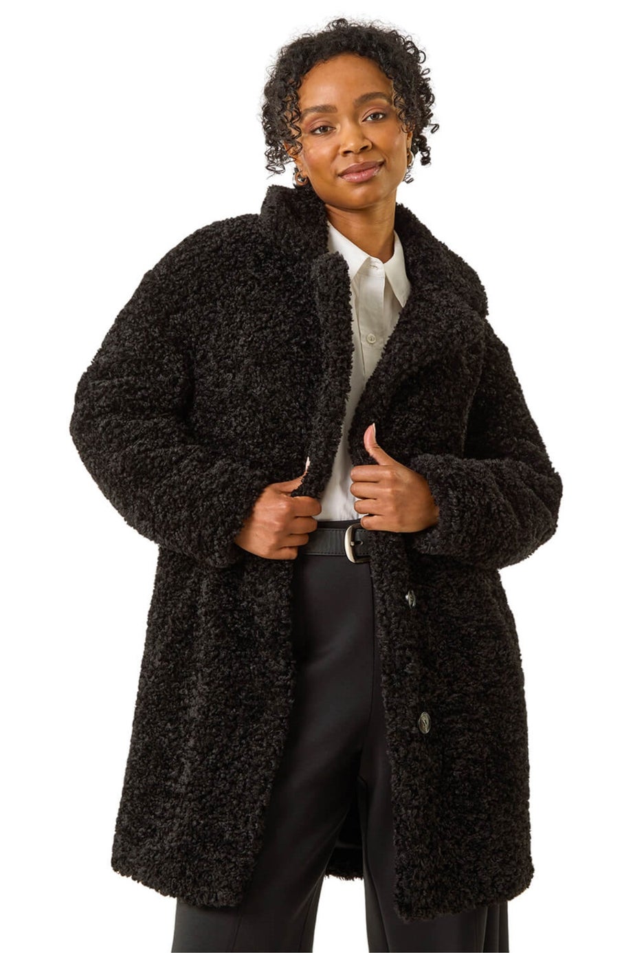 Roman Black Petite Teddy Longline Coat