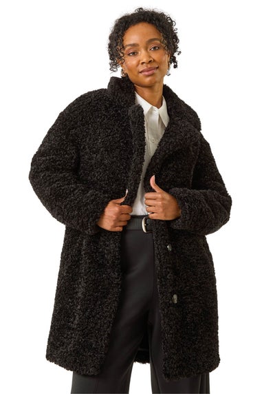 Roman Black Petite Teddy Longline Coat