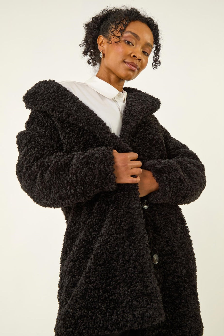 Roman Black Petite Teddy Longline Coat