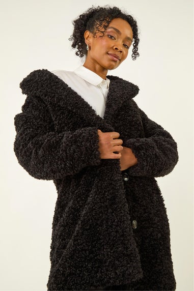 Roman Black Petite Teddy Longline Coat