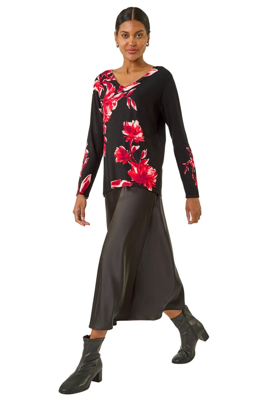 Roman Black Floral Print V-Neck Knit Jumper