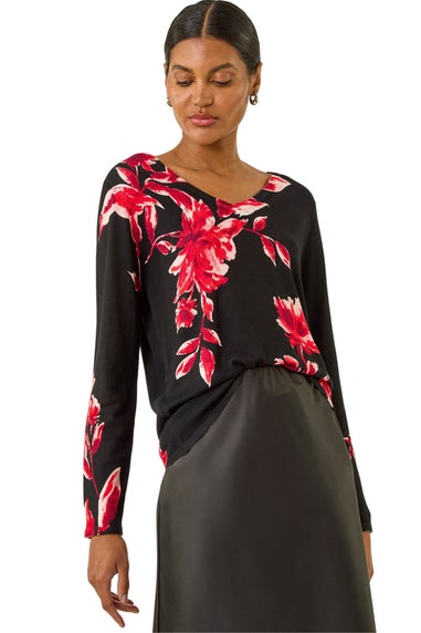 Roman Black Floral Print V-Neck Knit Jumper