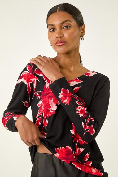 Roman Black Floral Print V-Neck Knit Jumper