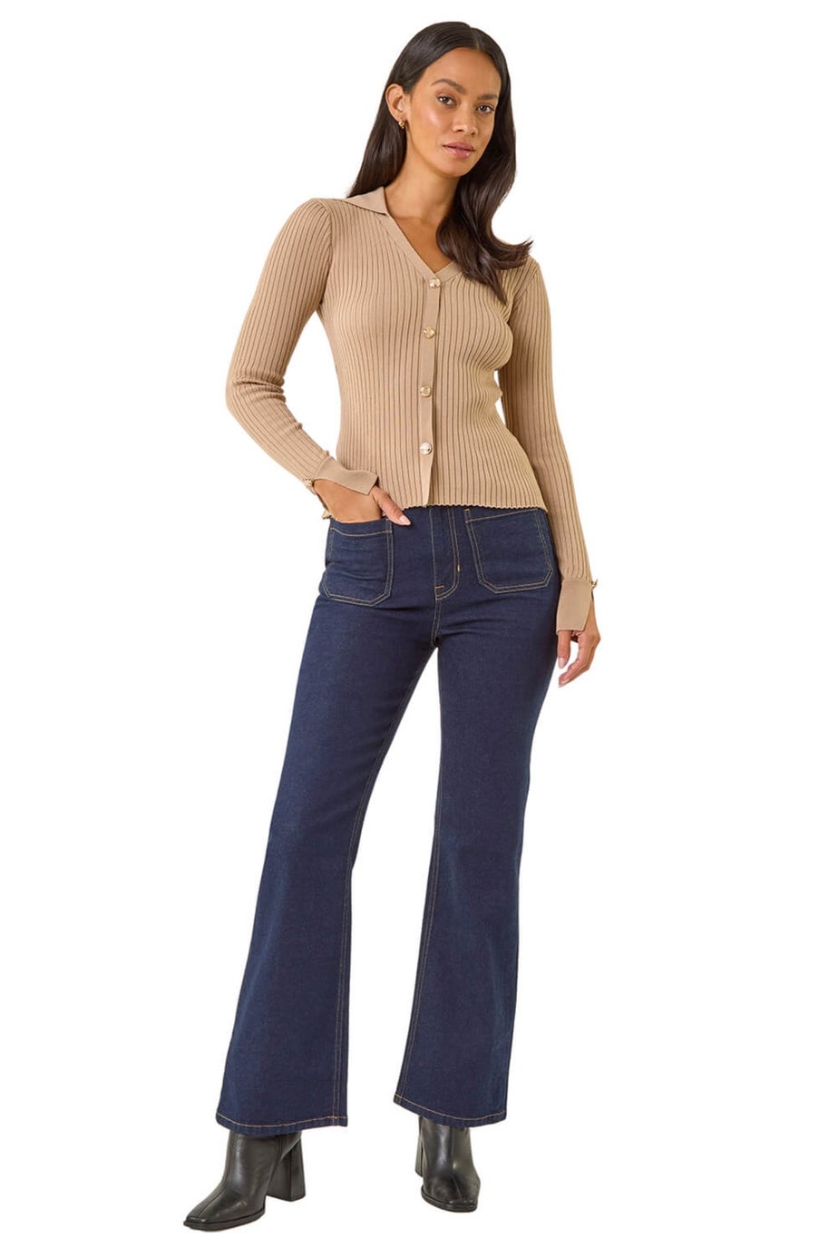 Dusk Natural Collared V-Neck Knit Top